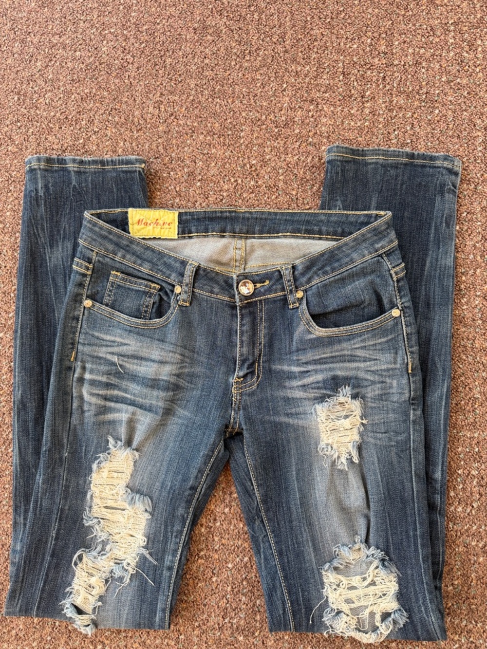 Machine Distressed Dark Blue Skinny Jeans
